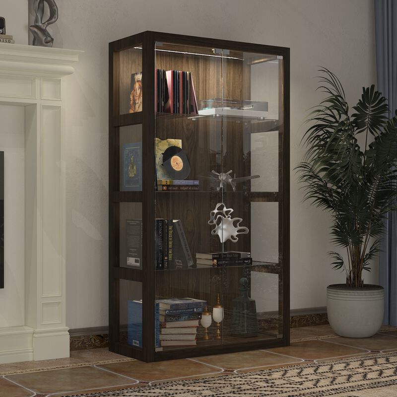 FUFU&GAGA Walnut Grain Glass Display Cabinet with Adjustable Tricolor LED Light, 4 Tempered Glass Shelves, Push-to-Open Door - 34.8" W x 15.7" D x 63" H, Walnut Brown