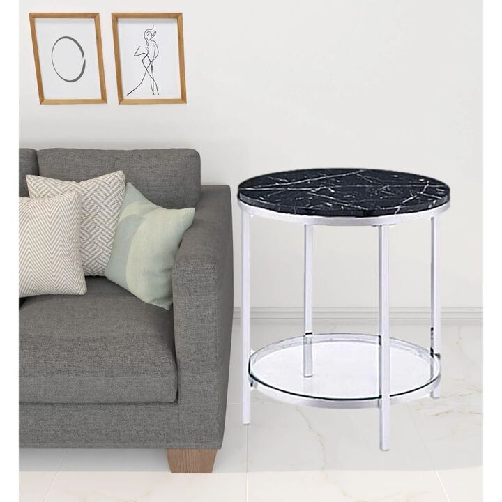 Homezia 25" Chrome And Black Faux Marble And Metal Round End Table With Shelf