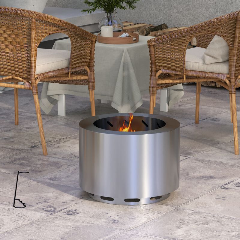 Outsunny Smokeless Fire Pit, 19" Portable Wood Burning Firepit with Poker, Low Smoke Camping Bonfire Stove for Backyard Patio Picnic, Stainless Steel, Silver