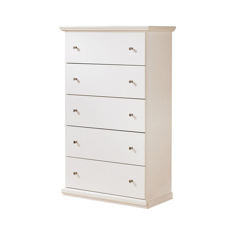 Twik Tall Dresser Chest, 5 Storage Drawers, White Molded Trim Details - Benzara
