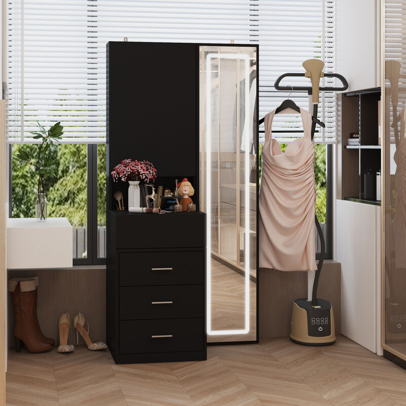 FUFU&GAGA Modern Lighted Vanity Mirror Dresser with 3 Drawers and 1 Sliding Cabinet, Full-Length Mirror, (31.5 in. W x 13 in. D x 63 in. H), Black image number 3