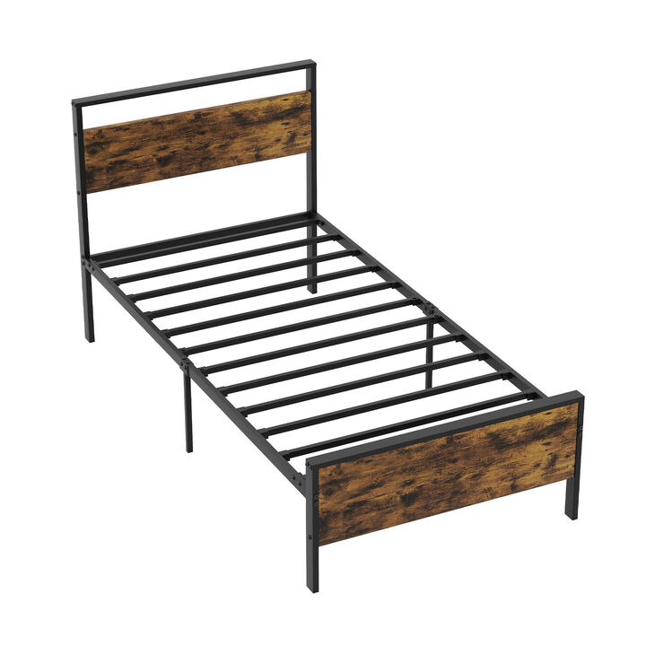 Modern Industrial Platform Bed with Metal Frame and Wood Headboard