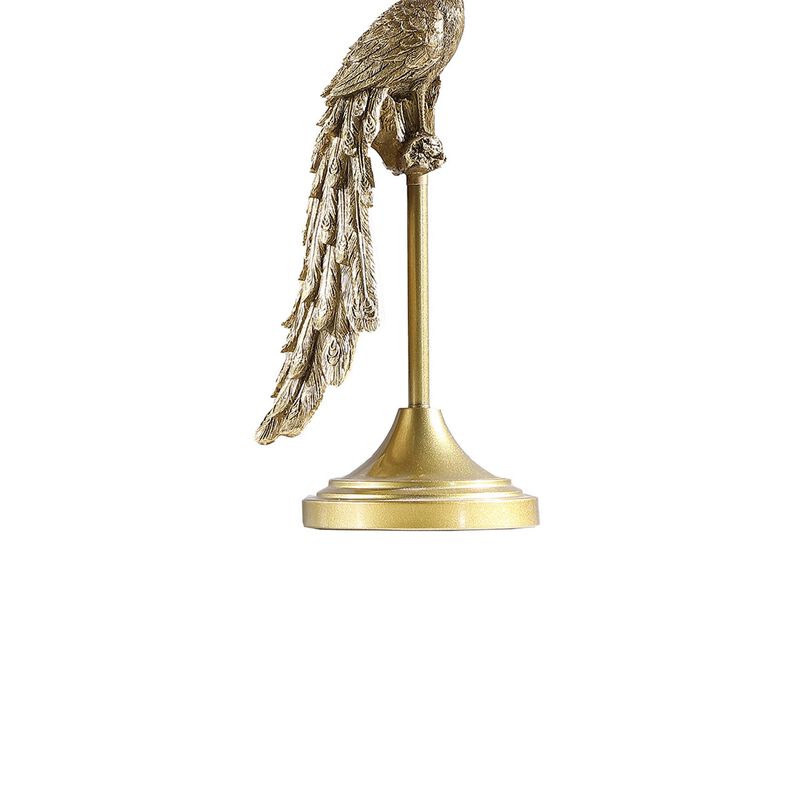 29 Inch Peacock Table Lamp, Gold Polyresin Sculpture, Black Drum Shade - Benzara