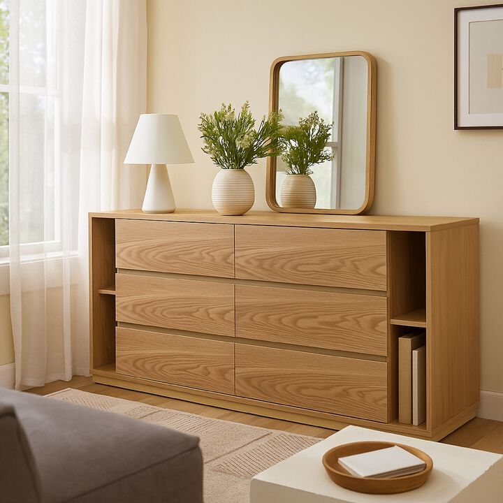 Noe Ruby Wide 6 Drawers Dresser, Natural Oak Brown Rubberwood