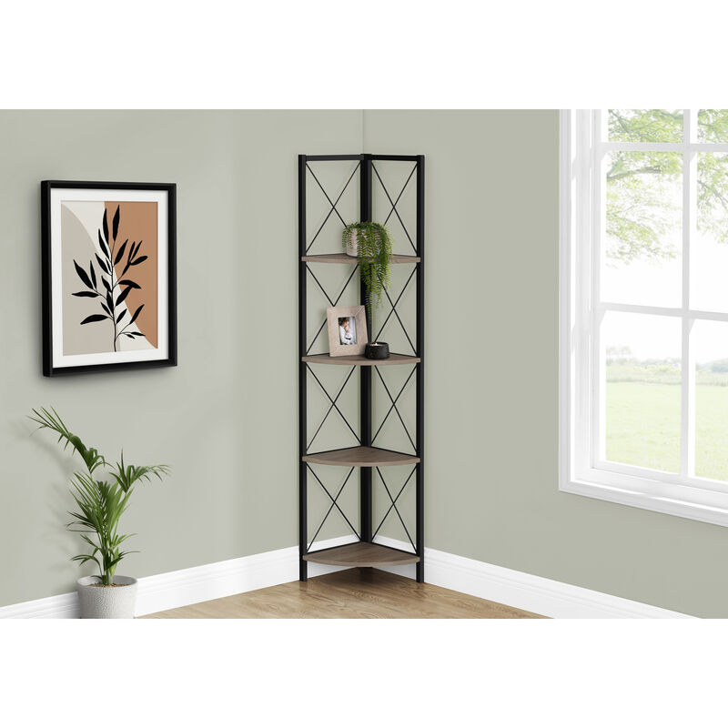 Monarch Specialties I 3648 Bookshelf, Bookcase, Etagere, Corner, 4 Tier, 60"H, Office, Bedroom, Metal, Laminate, Brown, Black, Contemporary, Modern
