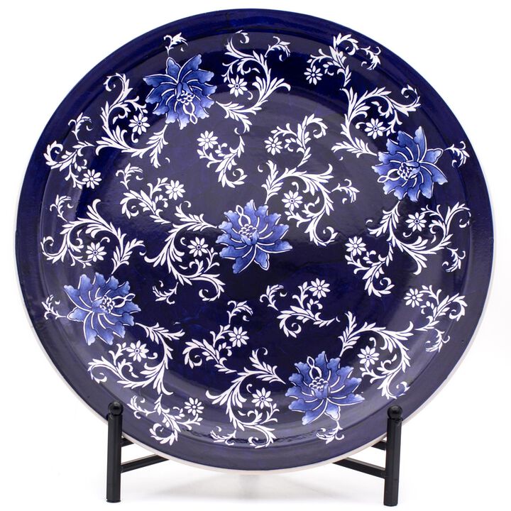 Euro Ceramica Blue Garden Lotus X-Large Decorative Accent Platter with Stand