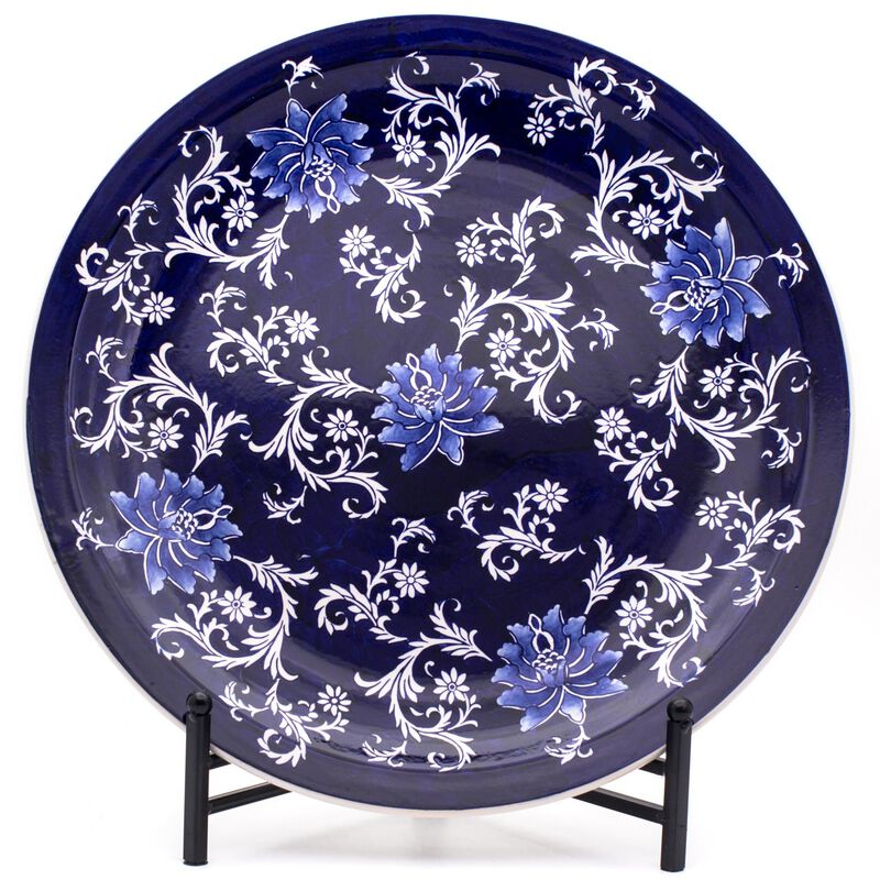 Euro Ceramica Blue Garden Lotus X-Large Decorative Accent Platter with Stand image number 0