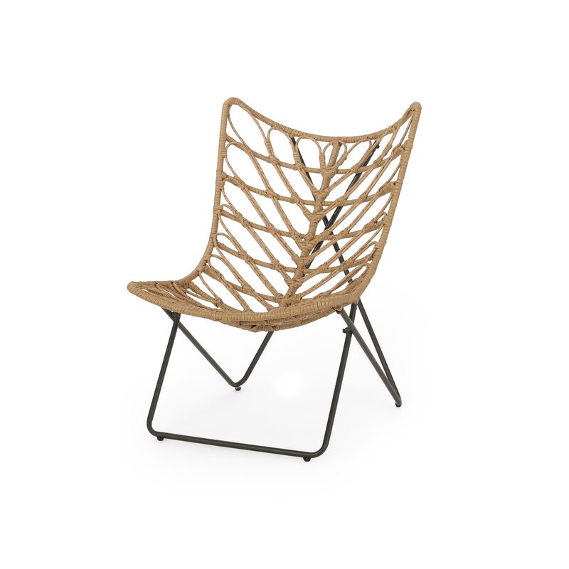 Fordy Outdoor Chair Set of 2, Curved Seat, Brown Rattan, Black Metal - Benzara