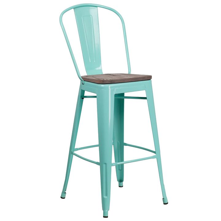 Flash Furniture 30" High Mint Green Metal Barstool with Back and Wood Seat