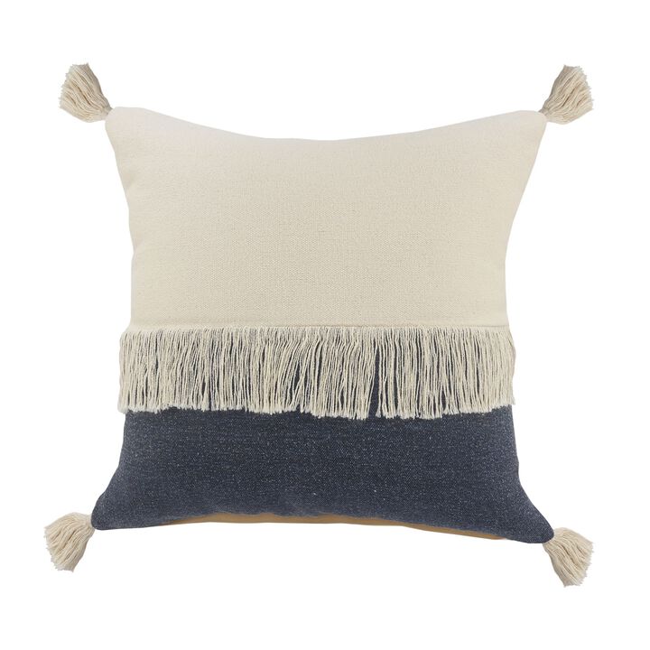 20" Blue and White Fringe Color Block Square Throw Pillow
