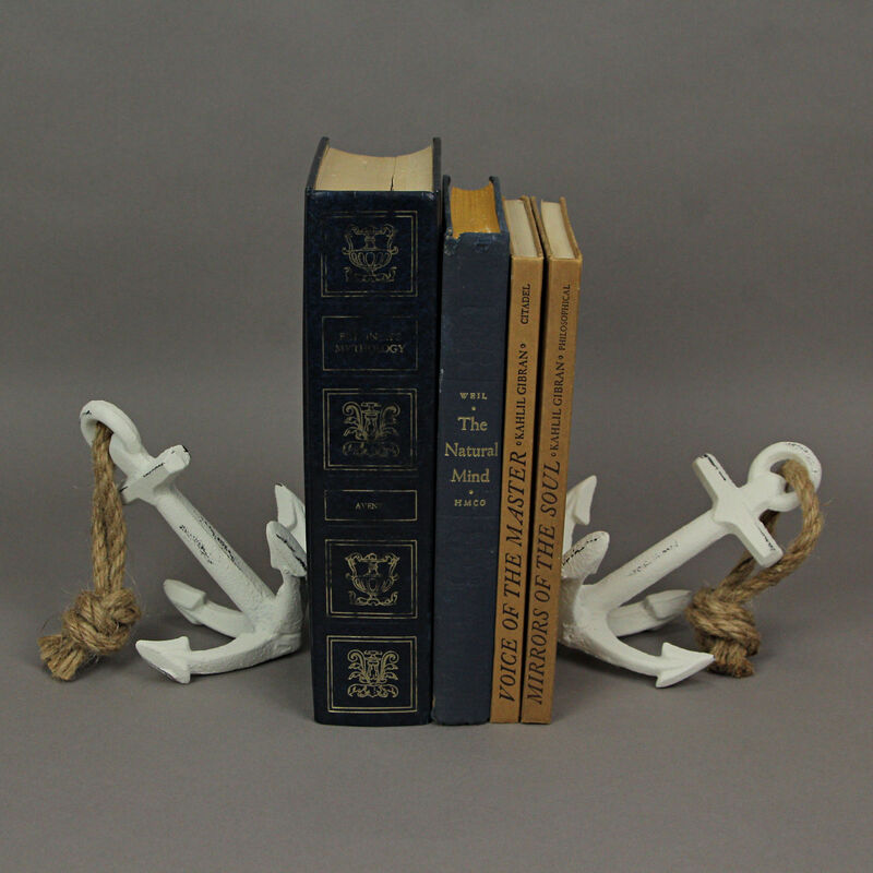 Set of 2 White Cast Iron Ship Anchor Bookends Nautical Home Decor Sculptures image number 4