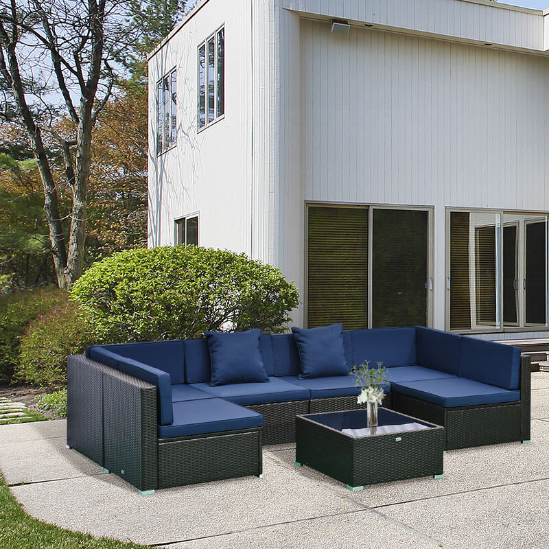 Outsunny 7 Piece Outdoor Patio Furniture Set with Cushions, All Weather PE Rattan Outdoor Sectional Patio Furniture Set, Wicker Conversation Sets with Glass Top Coffee Table, Blue