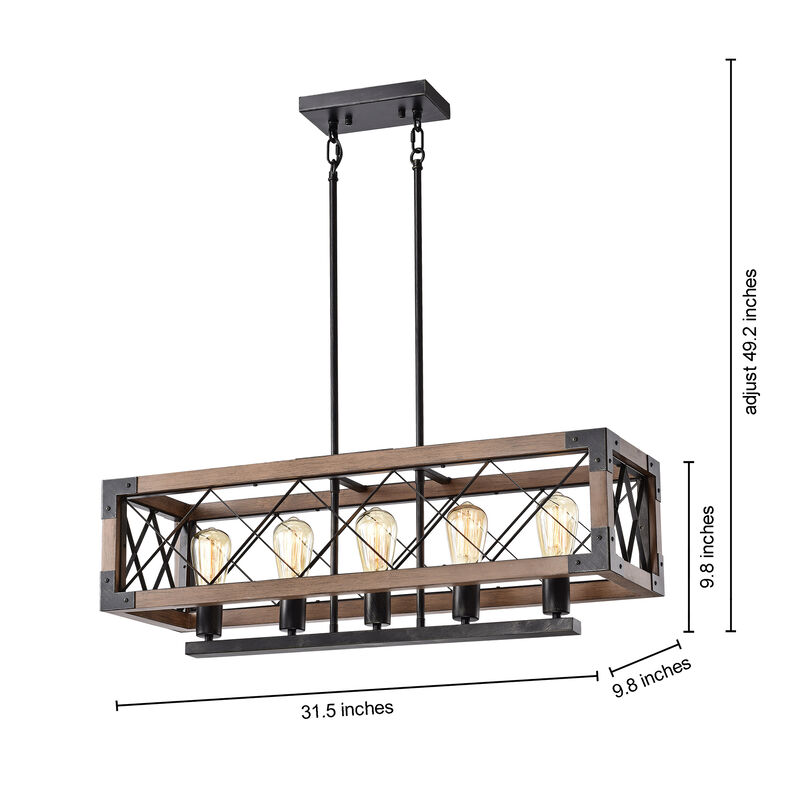 Adela Antique Black 5-light Rectangular Metal and Natural Wood Chandelier image number 5