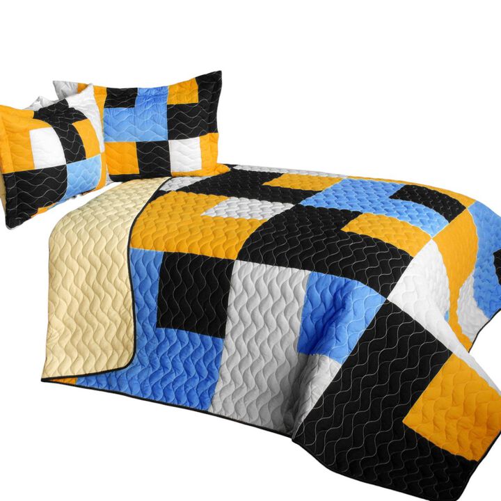 Queen Size 3 Piece Patchwork Quilt Set Vermicelli Quilted Cozy Bedspread Set