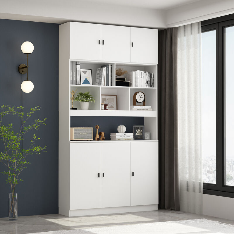 FUFU&GAGA White Storage Cabinet with Glass Doors & Open Shelf, 25mm+15mm+12mm PB Board Construction, Modern Multi-Functional Wardrobe (47.2 x 12.2 x 87.8 in)