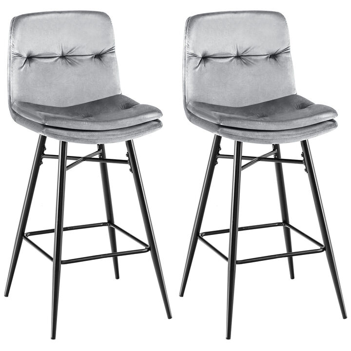 2 Pieces 29 Inch Velvet Bar Stools Set with Tufted Back and Footrests