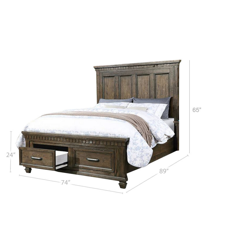 Ziv Classic California King Bed with Storage Drawers, Metal Handles, Brown - Benzara