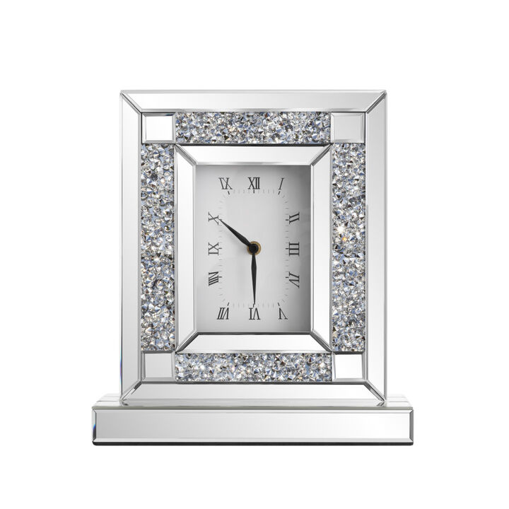HomeRoots 16" Silver And White Faux Crystal And Mirrored Glass Table Clock