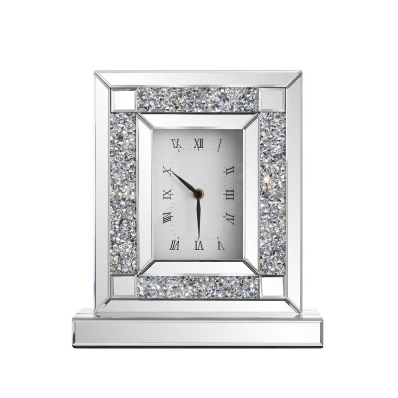 HomeRoots 16" Silver And White Faux Crystal And Mirrored Glass Table Clock image number 0