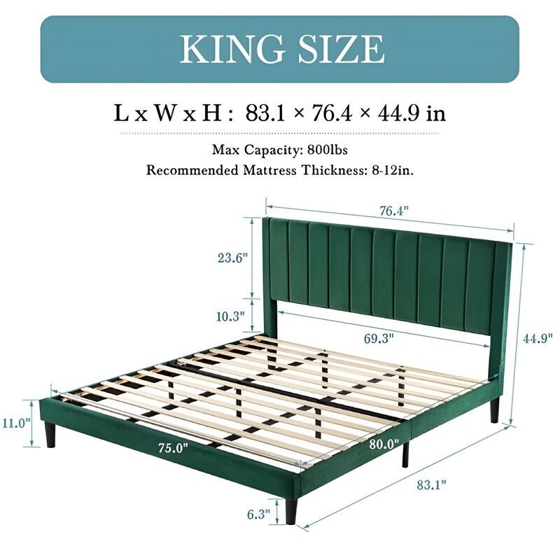 Velvet Upholstered Platform Bed Frame with Headboard For Bedroom