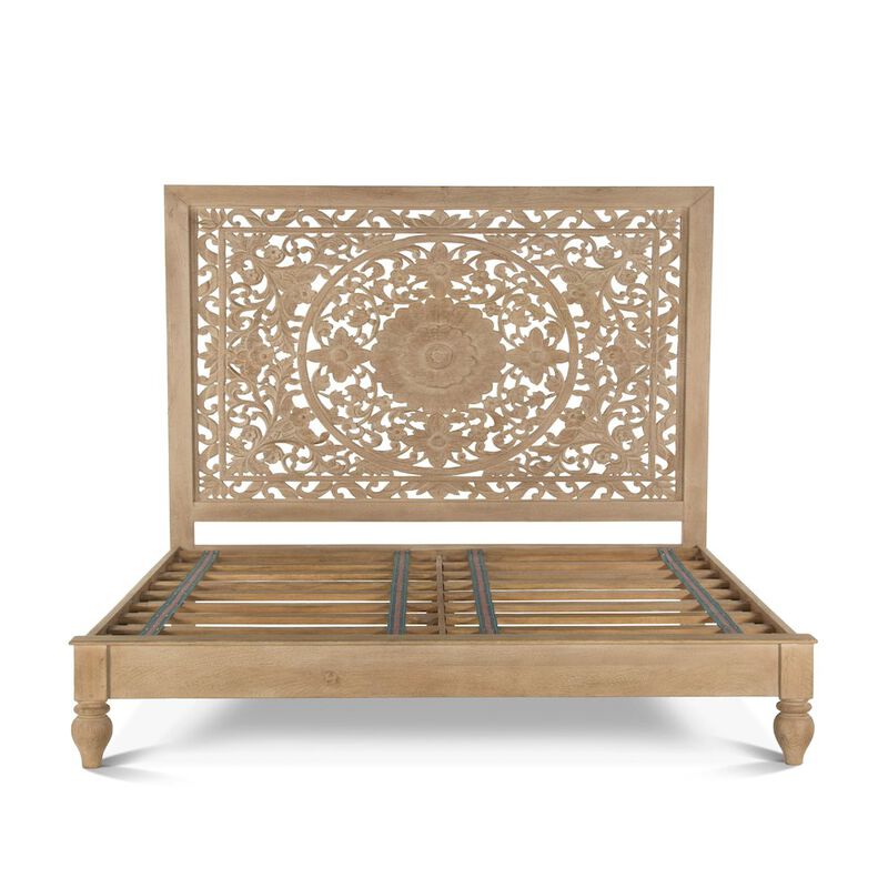 World Interiors Haveli Mango Wood Queen Bed in Natural Whitewash Finish image number 0