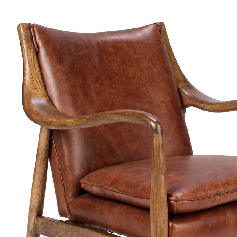29 Inch Classic Wood Club Chair, Top Grain Leather Seat, Curved Arms, Brown-Benzara image number 3