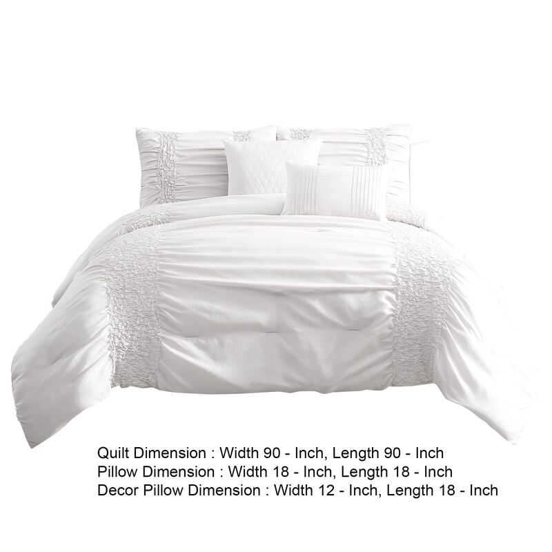 4 Piece Twin Comforter Set with Ruching Details, White - Benzara