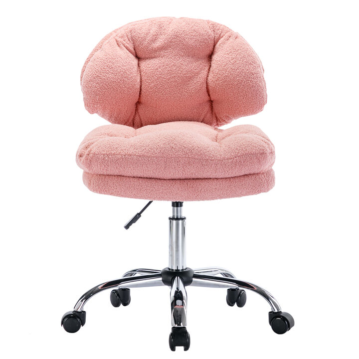 Teddy Velvet Makeup Pink Home Office Chair Bling Desk, Nail Desk for Women, Vanity Chair, Adjustable Height, Rolling Wheels