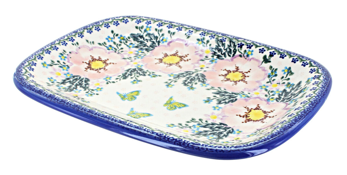 Blue Rose Polish Pottery Garden Butterfly Medium Rectangular Serving Platter