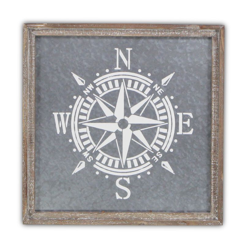 HomeRoots 17" X 17" Gray Compass Galvanized Metal And Wood Square Framed Art image number 0