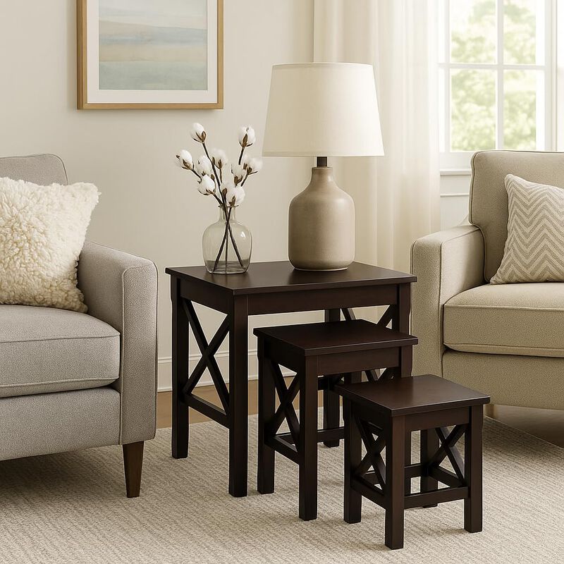 Ergode Xola 3-Pc Nesting Table Set - Solid Wood, Cappuccino Finish, 'X' Cross Design, Space-Saving, Multi-Functional Accent & End Tables - Large: 21.1" W x 17.3" D x 22.1" H, Easy Assembly image number 2