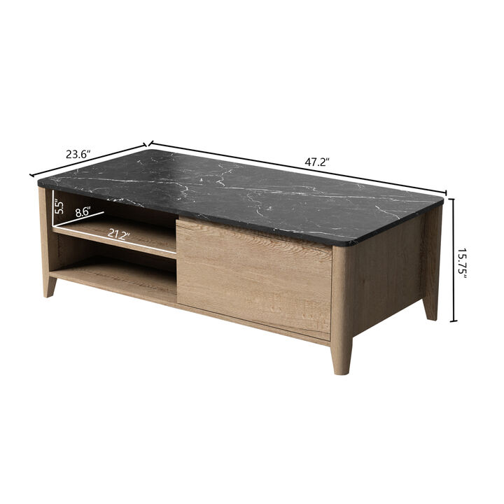 47 Inch Modern Farmhouse Double Drawer Coffee Table for Living Room or Office, Wood and Marble Texture