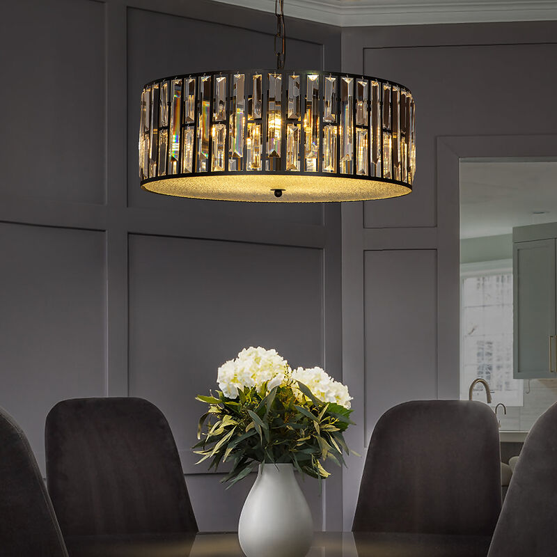 6-Light Black Mondern Farmhouse Lantern Drum Chandeliers With Crystal Accents image number 2