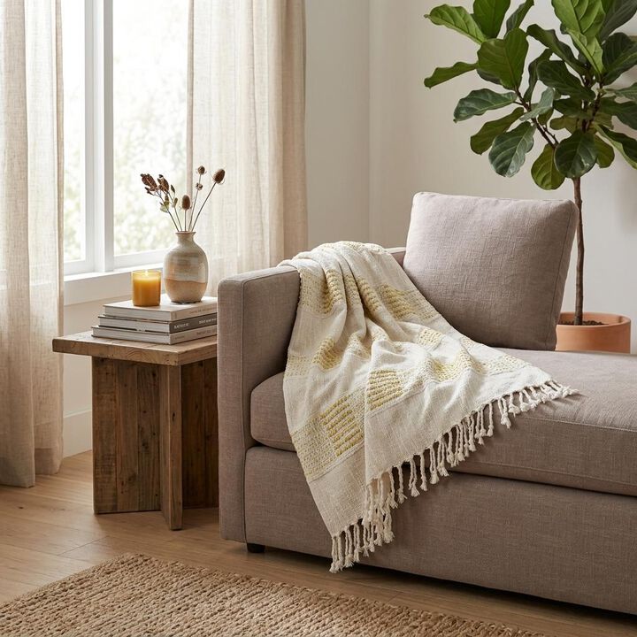 HomeRoots Yellow Woven Cotton Throw Blanket