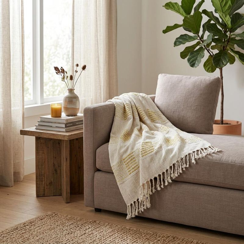 HomeRoots Yellow Woven Cotton Throw Blanket image number 1