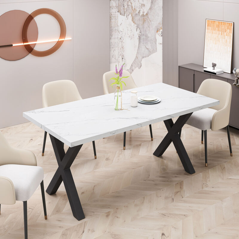 70.87" Modern Square Dining Table with Printed White Marble Tabletop+Black X-Shaped Table Leg