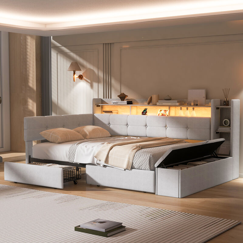 Merax Upholstery Daybed with Storage Footstool and Shelves,with Two Drawers image number 2