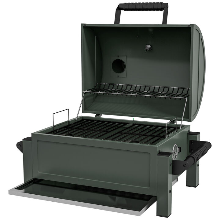 Outsunny Charcoal BBQ Grill with 235 sq.in. Cooking Area, Tabletop Outdoor Barbecue Smoker with Ash Catcher and Built-in Thermometer for Patio Backyard Camping Picnic, Dark Green