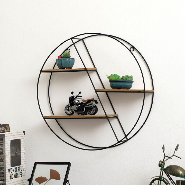 Vintiquewise Elegant 3-Tier Decorative Floating Circular Silhouette Wall Shelf - Circular Metal and Wood Wall-Mounted Shelf for Entryway, Bathroom, Bedroom, and Living Room Decor, Black Finish