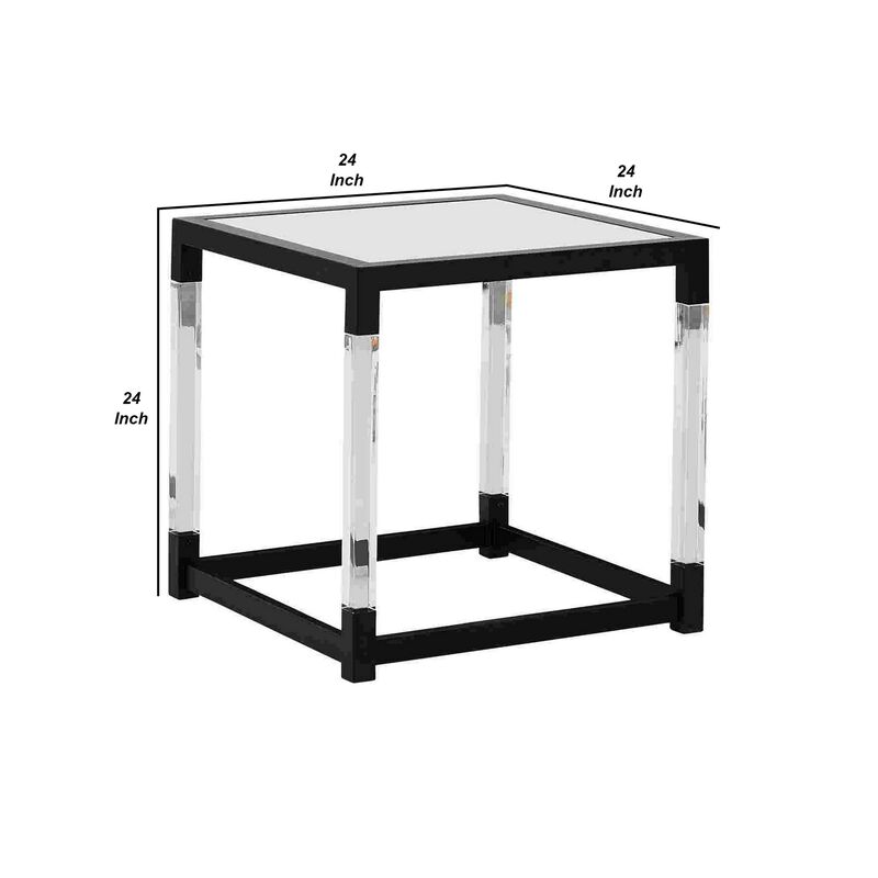 Square End Table with Acrylic Legs and Metal Base, Clear-Benzara