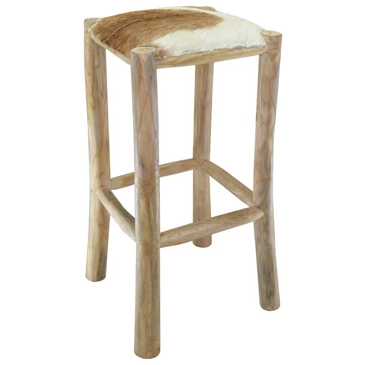 vidaXL Bar Stool Real Leather and Solid Teak Wood