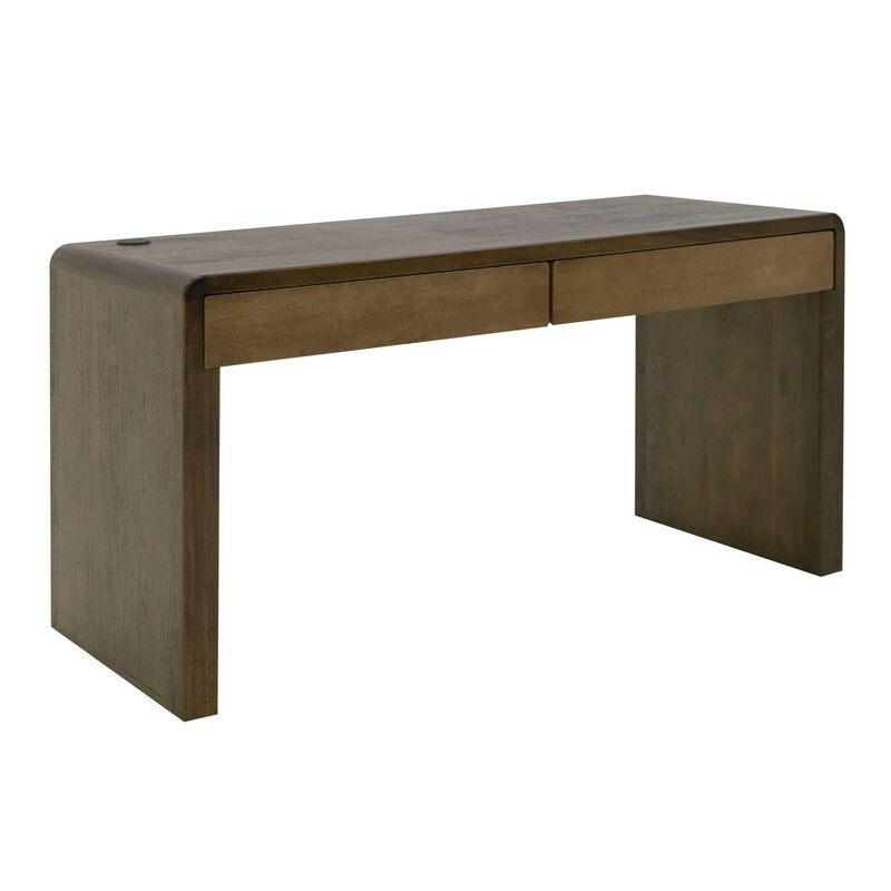 Esis Writing Desk, 2 Drawers, USB Ports, Dark Brown Mango Wood 60 Inch - Benzara