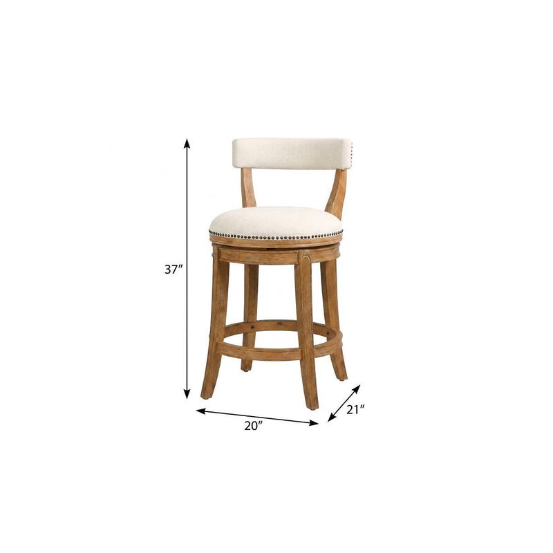 HomeRoots Linen and Brown Fabric and Solid Wood Low Back Counter Height Swivel Bar Chair image number 6