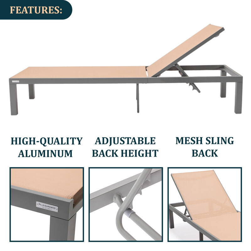 LeisureMod Marlin Modern Black Aluminum Outdoor Patio Chaise Lounge Chair in Grey Frame with Square Fire Pit Side Table