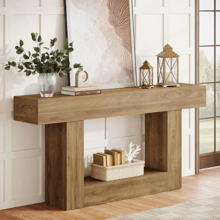 Farmhouse 63-Inch Wooden Console Table with 2-Tier Shelf for Entryway
