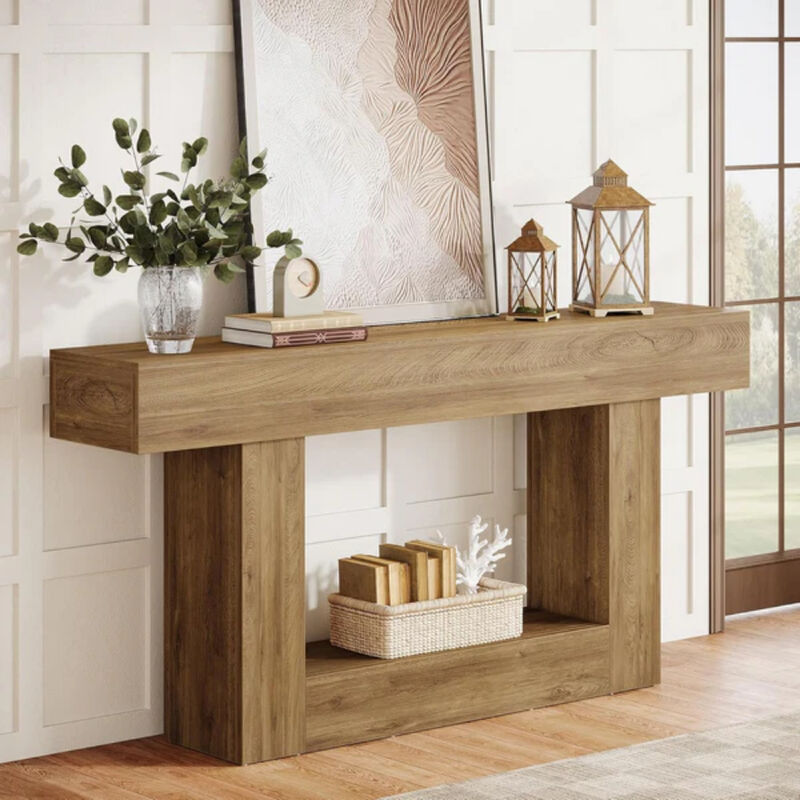 Farmhouse 63-Inch Wooden Console Table with 2-Tier Shelf for Entryway image number 1
