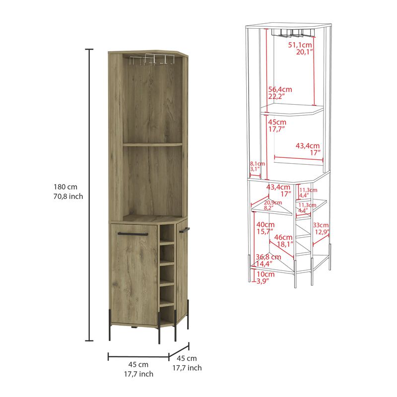 Hans Corner Bar Cabinet, Two Shelves, Five Built-in Wine Rack-Macadamia