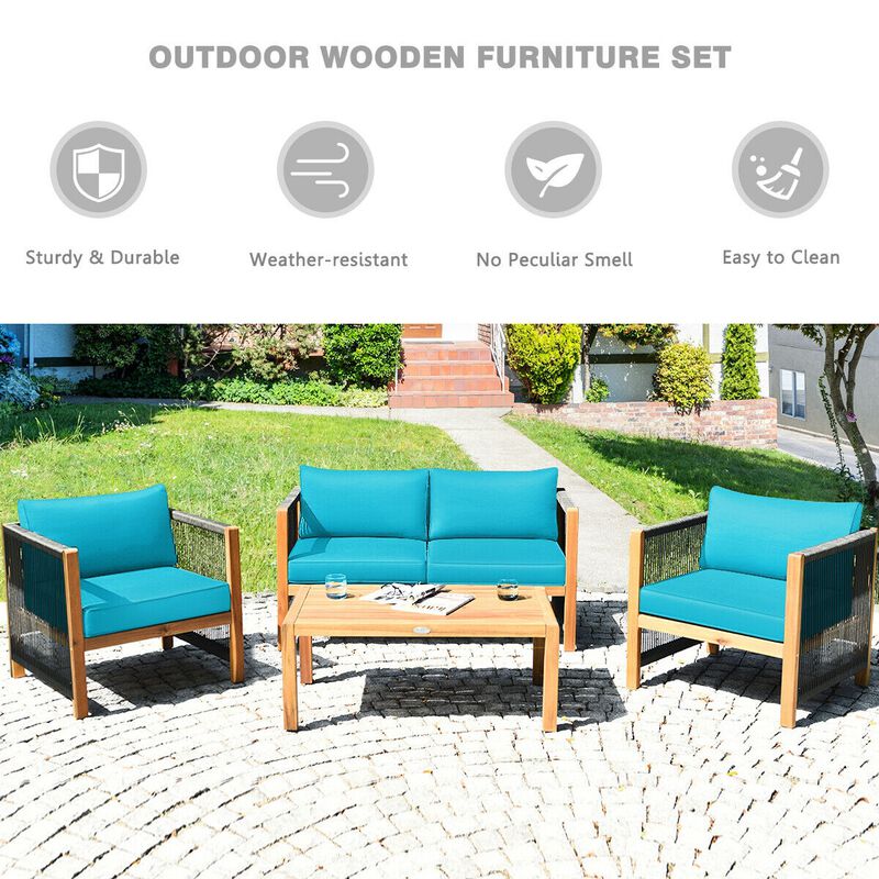 4 Pieces Acacia Wood Outdoor Patio Furniture Set with Cushions