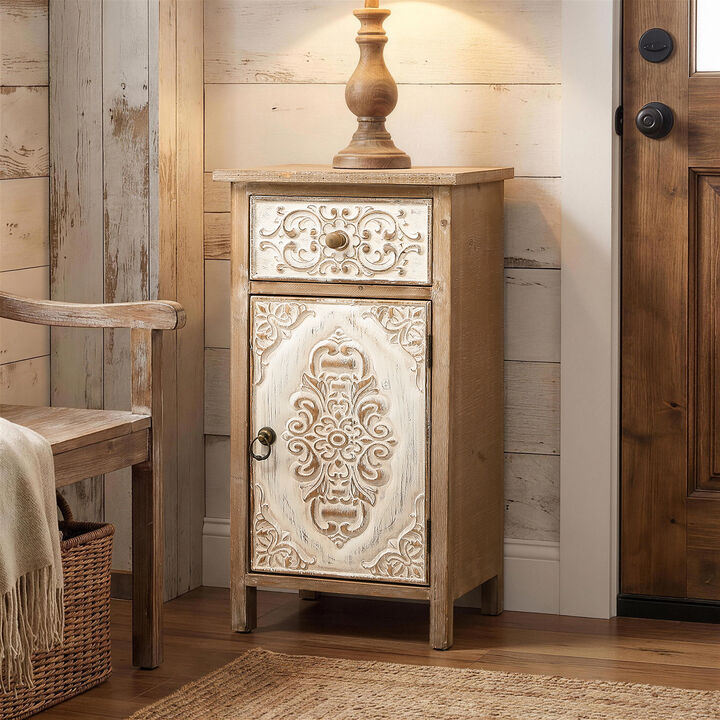 30" Carved Wood Accent Storage Cabinet, Distressed White