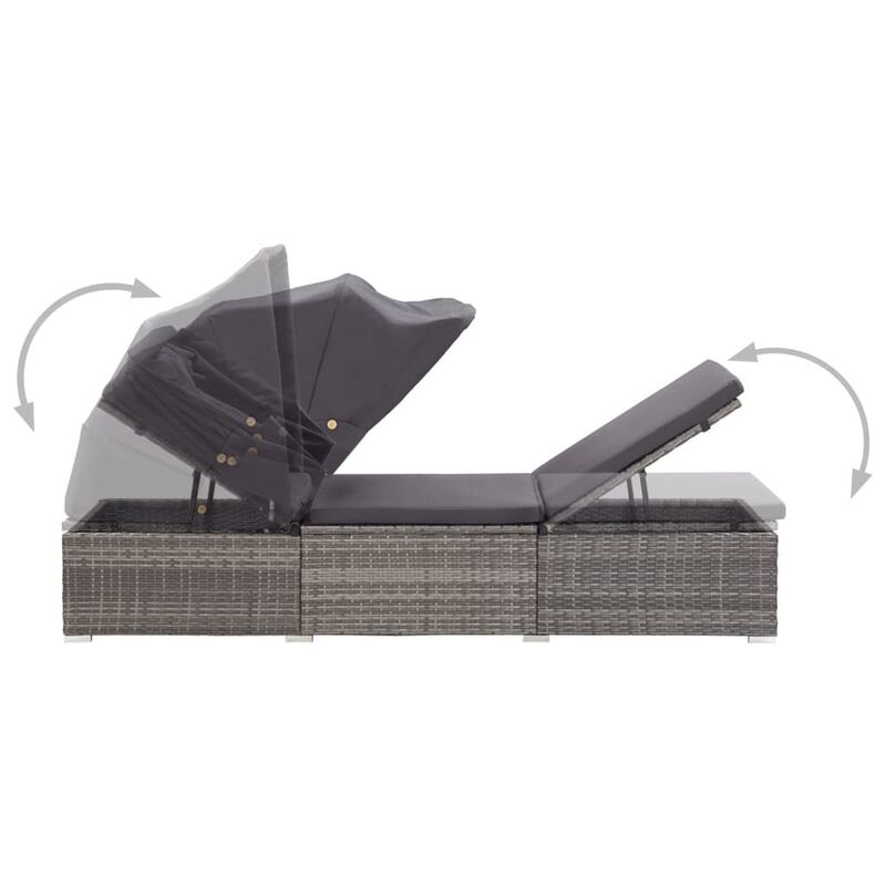 Casey Sun Chaise Lounger with Canopy, Cushion, Gray Rattan, 77 Inch - Benzara